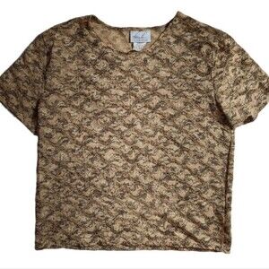 Women's Vintage Neutral Brown Floral Short Sleeve Top, Large